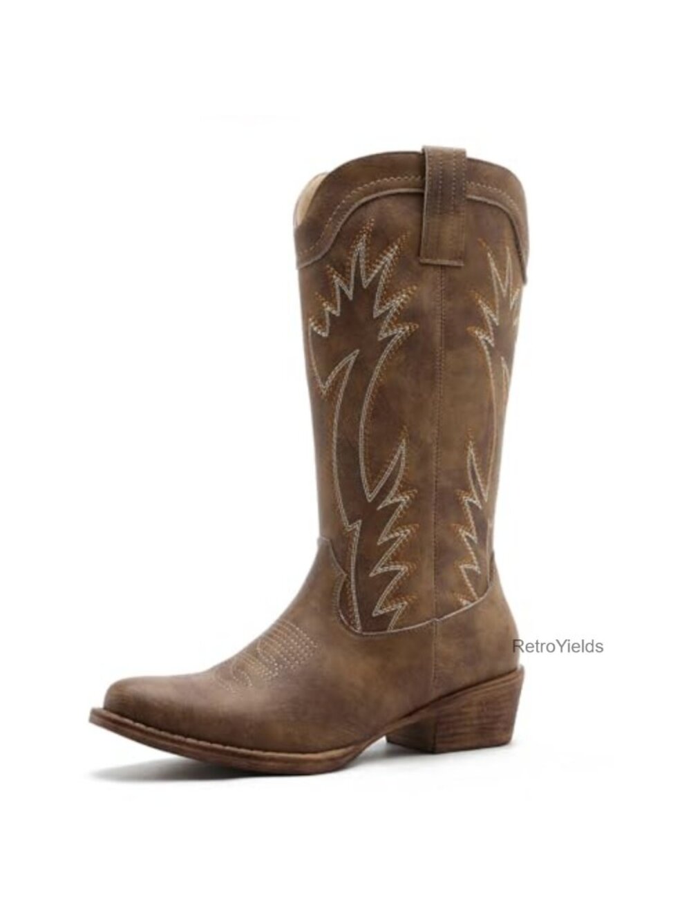 Faux Leather Western Cowboy Boots Square Toe Side Zip Low Heel Mid Calf